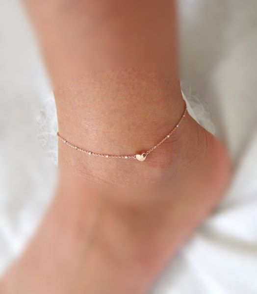 rose gold anklet rosegold heart charm anklet, rose gold satellite chain, dainty jewelry,  wedding jewelry, bridesmaid anklets, fqwuupr