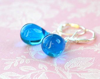 sky blue earrings, blue bead earrings, blue dangle earrings, capri blue  teardrop earrings NHEGWZZ
