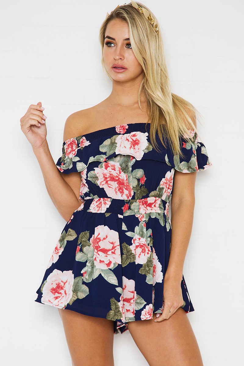 stella floral playsuit - navy/coral floral xucdemc