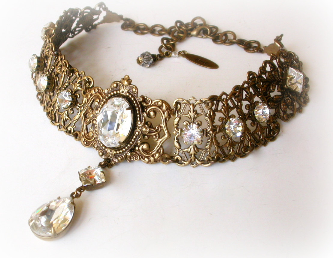 swarovski crystal choker - victorian gothic brass choker - victorian jewelry  -wedding jewelry nhkrlvo