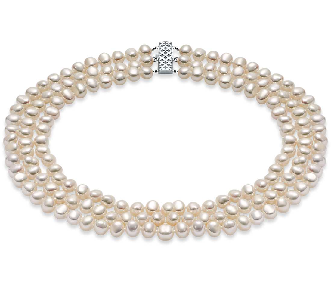 three-strand baroque freshwater cultured pearl necklace with sterling  silver (7.5mm) txtvusp