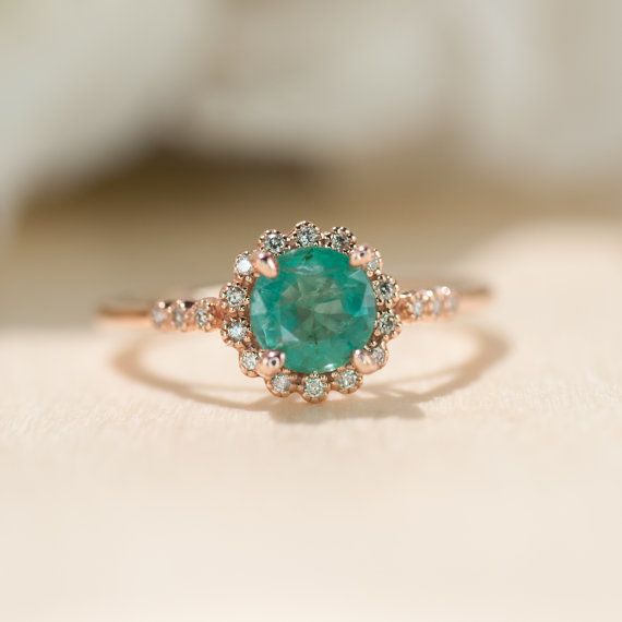 unique rings natural emerald ring, rose gold ring, halo engagement ring, promise ring,  unique lkcoiek