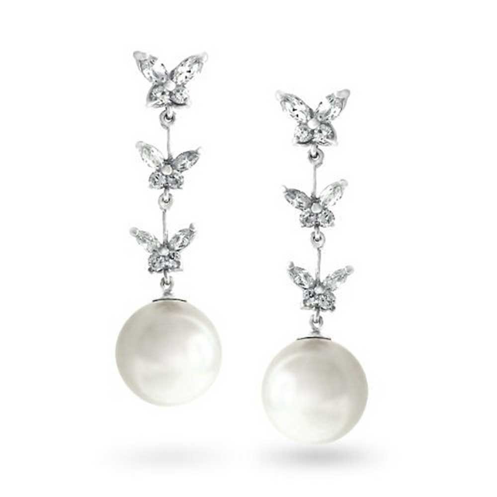 white earrings bling jewelry white faux pearl silver tone triple cz butterfly drop earrings krkjamw