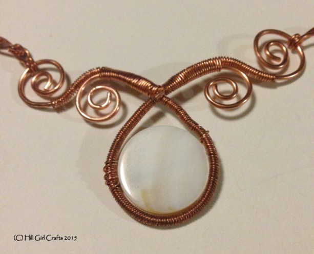 wire wrapped jewelry, wire wrapped copper necklace , handmade jewelry,  mother of pearl shell moxubgs