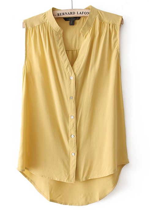 yellow buttons pleated v-neck sleeveless chiffon blouse dswbuji