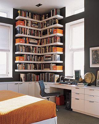Ideas for small spaces: Custom bookshelves + dark walls: 'Iron .