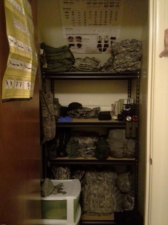 Shelves in a closet to organize military gear. | Military gear .