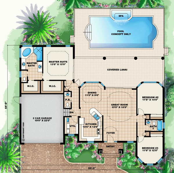 Mediterranean Style House Plan 60497 with 3 Bed, 3 Bath, 2 Car .