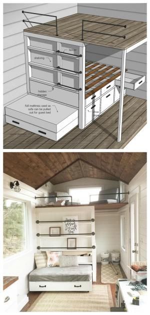 Tiny House Loft with Bedroom, Guest Bed, Storage and Shelving .