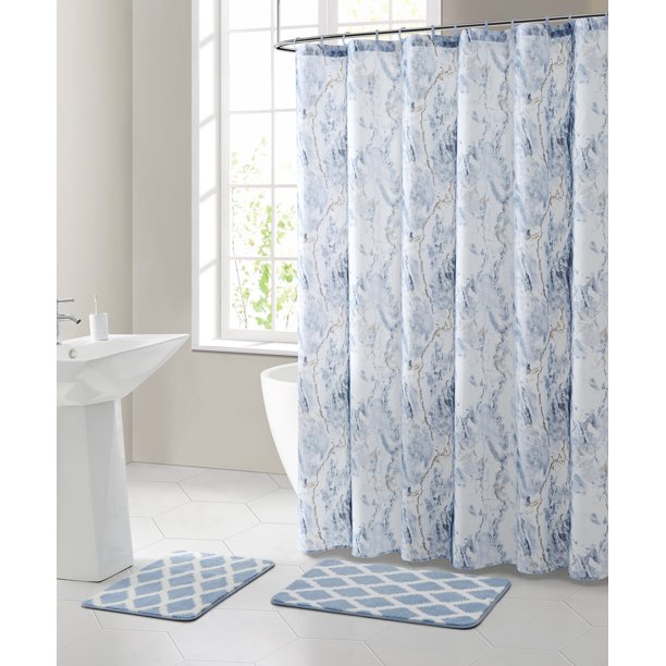 Mainstays Marble Polyester Shower Curtain Bath Set, Blue, 15 .
