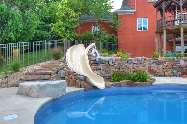 Inground Pool with Slide - American Traditional - Swimming Pool .